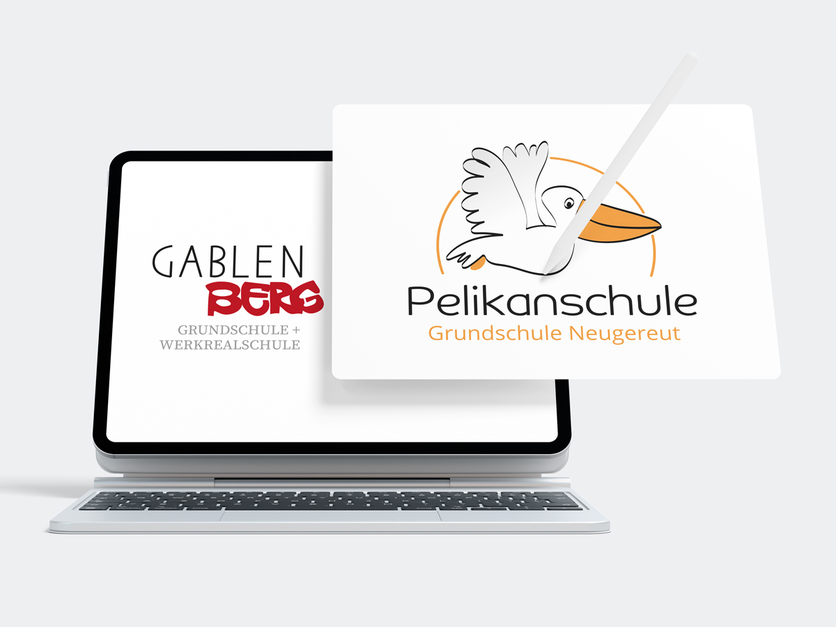 Logo der Pelikanschule mit einem stilisierten Pelikan und dem Schriftzug Gablenberg Grundschule.